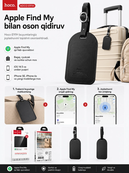 GPS Trekker-metka Hoco E91H Tiger Trinket, Bluetooth, Apple Find My, iOS 14.5+, 3 oygacha - 
