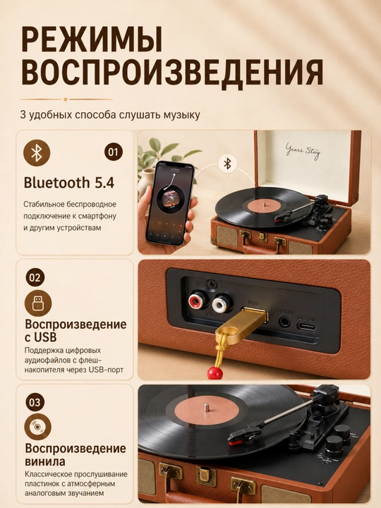 Bluetooth 5.4, USB, AUX, karnaylar va 3 tezlik bilan jihozlangan vinil pleyer chamadon