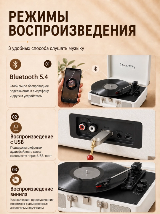 Bluetooth 5.4, USB, AUX, karnaylar va 3 tezlik bilan jihozlangan vinil pleyer chamadon