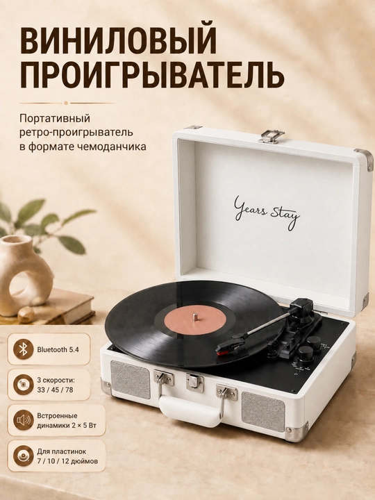 Виниловый проигрыватель чемодан с Bluetooth 5.4, USB, AUX, динамиками и 3 скоростями - 