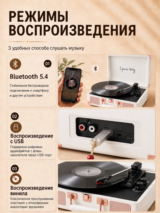 Bluetooth 5.4, USB, AUX, karnaylar va 3 tezlik bilan jihozlangan vinil pleyer chamadon