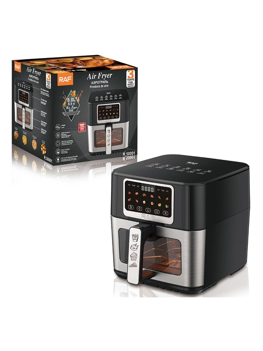 Aerogril RAF air fryer 5, 6.5, 8 litr, 1700 Vt, yog‘siz, oyna bilan, sensorli boshqaruv