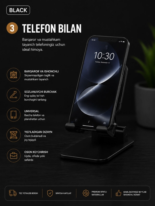 Telefon va planshet uchun sozlanadigan, buklanadigan taglik-ushlagich