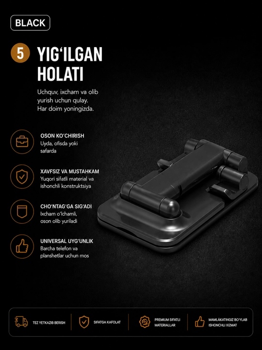 Telefon va planshet uchun sozlanadigan, buklanadigan taglik-ushlagich