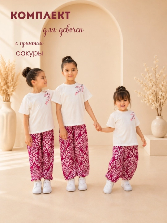 Sakura va moychechak naqshli qizlar kiyimi to‘plami - 