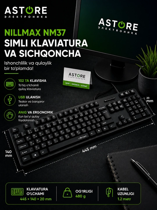 Simli klaviatura USB Office Keyboard 102 tugmali Nillmax NM37