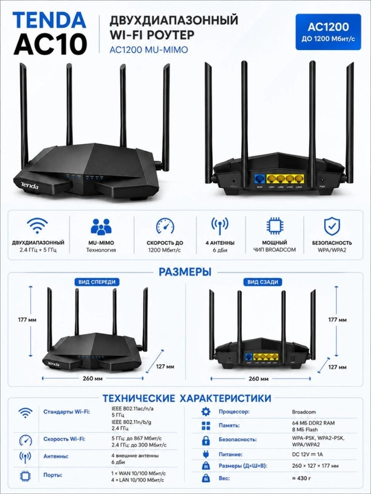 Wi-Fi роутер Tenda AC6 AC1200 двухдиапазонный, беспроводной маршрутизатор для дома и офиса