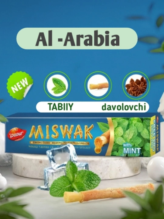 Dabur Misvok tish pastasi, misvokni oqartiruvchi, ftorsiz halol pasta, oltin yalpiz