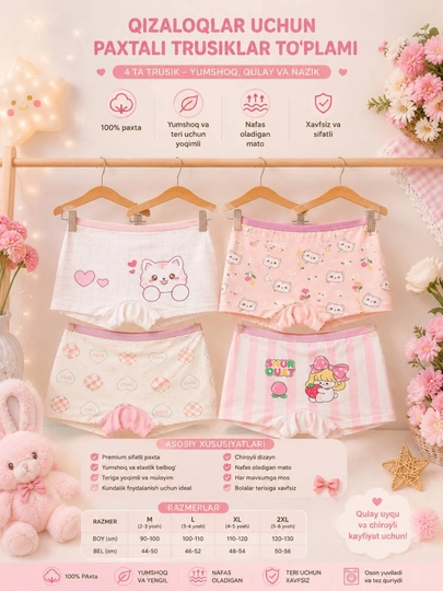 Набор хлопковых трусиков для девочек Premium – Cute Cat & Sweet Pink Collection (4 шт)