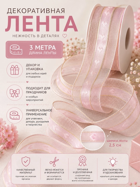 Декоративная лента,шириной 2,5 см и длиной 3 метра, универсальный аксессуар для рукоделия - 