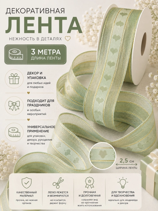 Декоративная лента,шириной 2,5 см и длиной 3 метра, универсальный аксессуар для рукоделия - 