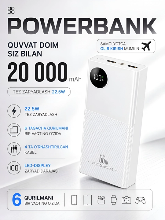 Power Bank 20000mA 66-22.5W tezkor quvvat bilan tashqi akkumulyatori, +4 kabel bilan