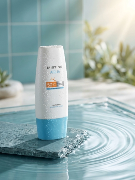 Mistine Aqua quyoshdan himoyalovchi losyoni. SPF50+ yengil tuzilishi va chuqur namlanishi - 