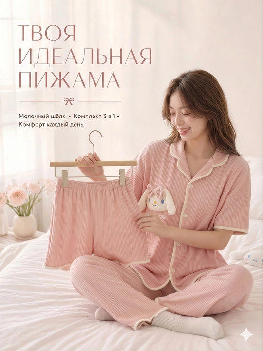 Ayollar pijamasi komplekt 3 tasi 1, ko‘ylak, shortik va shim, 4 rang, M-XL - 