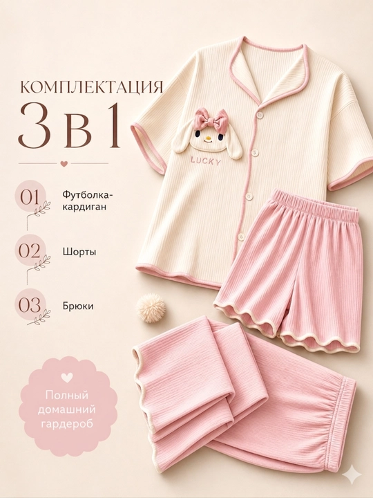 Ayollar pijamasi komplekt 3 tasi 1, ko‘ylak, shortik va shim, 4 rang, M-XL