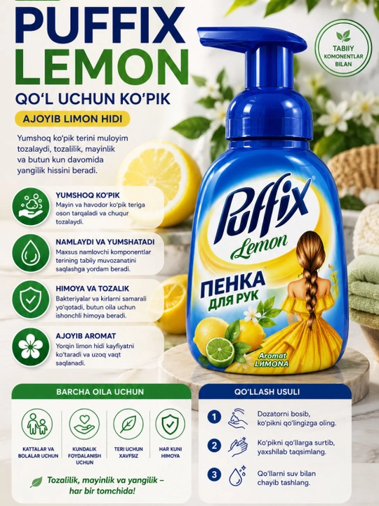 Ko‘pikli sovun, mayin va namlantiruvchi parvarish, antibakterial, xushbo‘y hidli, kundalik gigiyena uchun