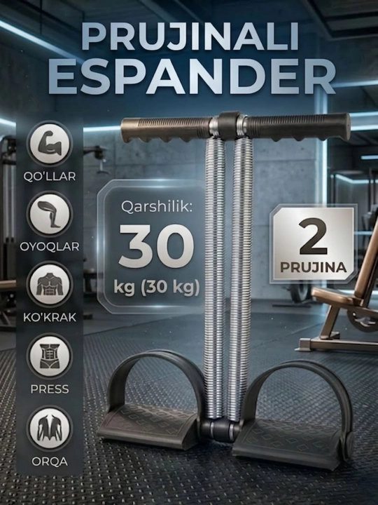 Prujinali espander trenajyor – uyda fitness, qo‘l trenajyori, press va sport anjomlari