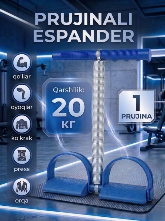 Prujinali espander trenajyor – uyda fitness, qo‘l trenajyori, press va sport anjomlari