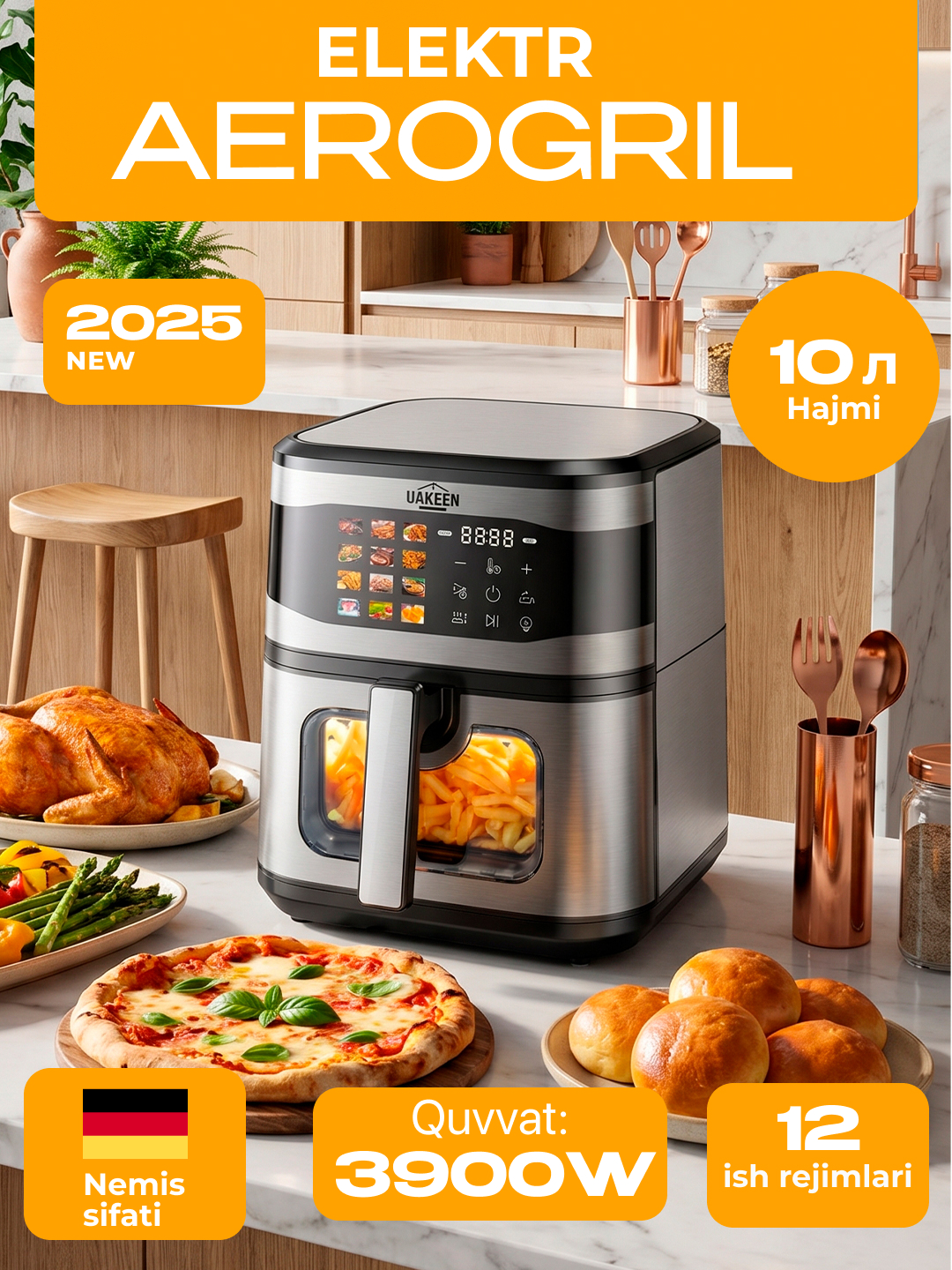 Smart aerogril, 2 TENli, yog'siz pishirish uchun multipech, 12 tasi 1,fritz, 10 va 12 litr