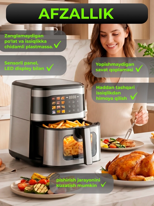 Smart aerogril, 2 TENli, yog'siz pishirish uchun multipech, 12 tasi 1,fritz, 10 va 12 litr