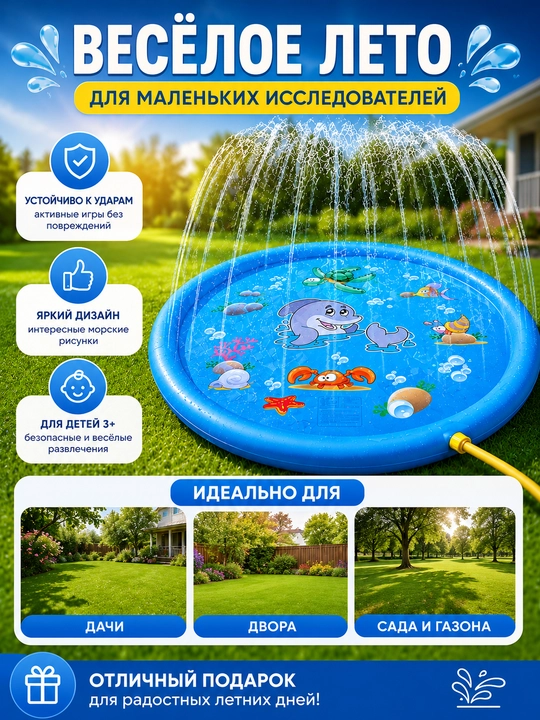 Детский водный бассейн коврик - фонтан для весёлых игр летом
