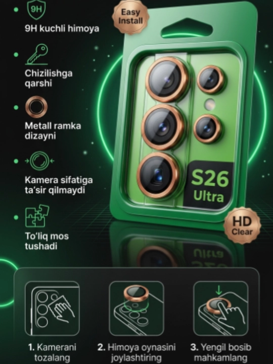 Samsung Galaxy S26 Ultra, S25 Ultra kameralari uchun himoya oynasi metall ramka