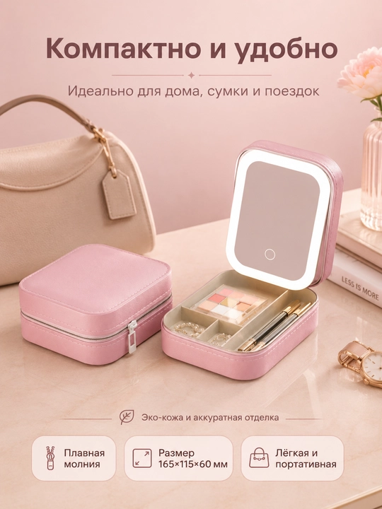 Косметичка с LED зеркалом и подсветкой для косметики и украшений