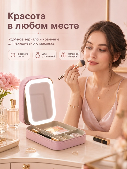 Косметичка с LED зеркалом и подсветкой для косметики и украшений