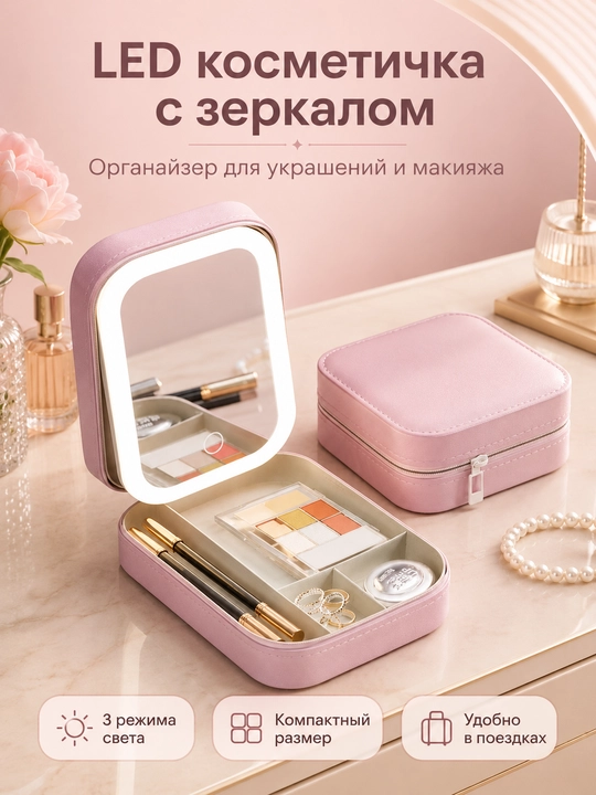 Косметичка с LED зеркалом и подсветкой для косметики и украшений - 
