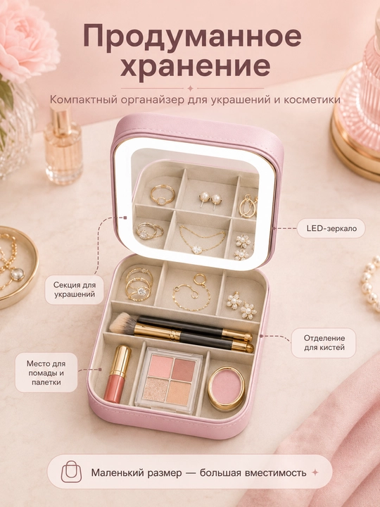 Косметичка с LED зеркалом и подсветкой для косметики и украшений