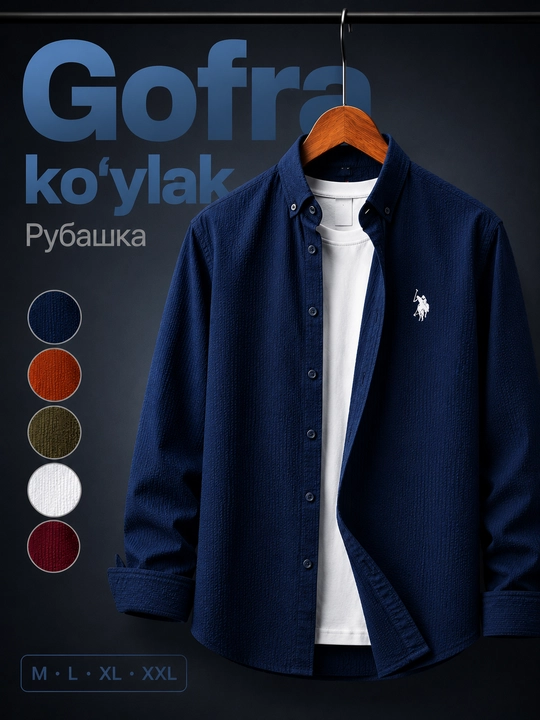 Gofrф fakturali, casual uslubdagi klassik zamonaviy fasonli, uzun yengli erkaklar ko‘ylagi - 