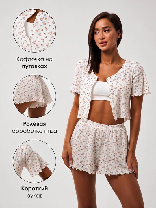 Ayollar uchun Pinterest uslubidagi yumshoq ajur pijama – shortik va shimli, Pinterest