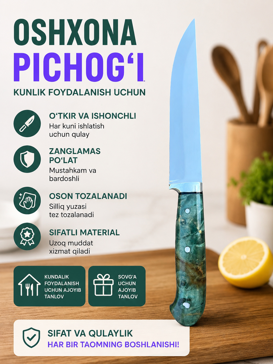 Premium oshxona pichog‘i – zanglamas po‘lat, qo‘l mehnati - 