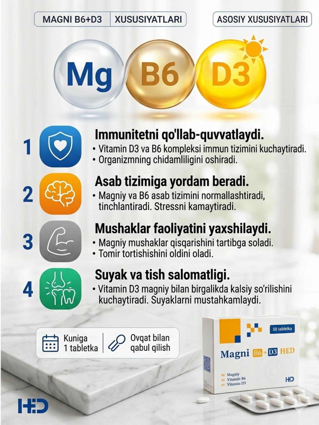 Magni B6+D3 HED vitaminlar majmuasi, asab tizimi va immunitet uchun, tabletkalar, 50 dona