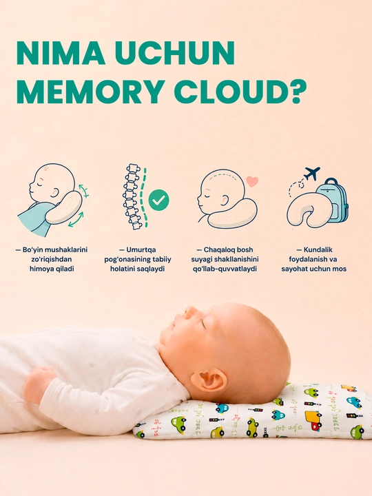 Memory Cloud bolalar yostiqchasi 25×45×3sm,yangi tugilgan chaqaloqlar uchun ortopedik