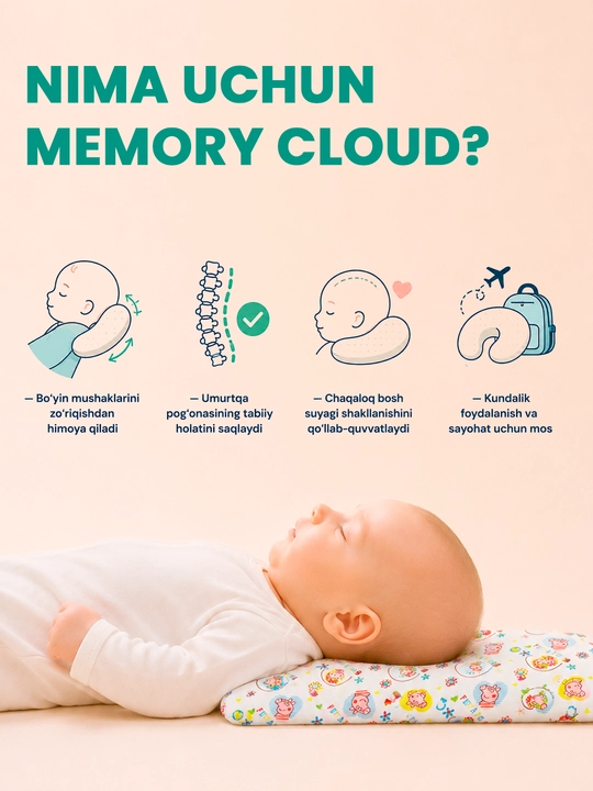 Memory Cloud bolalar yostiqchasi 25×45×3sm,yangi tugilgan chaqaloqlar uchun ortopedik