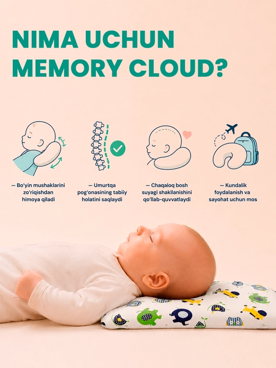 Memory Cloud bolalar yostiqchasi 25×45×3sm,yangi tugilgan chaqaloqlar uchun ortopedik