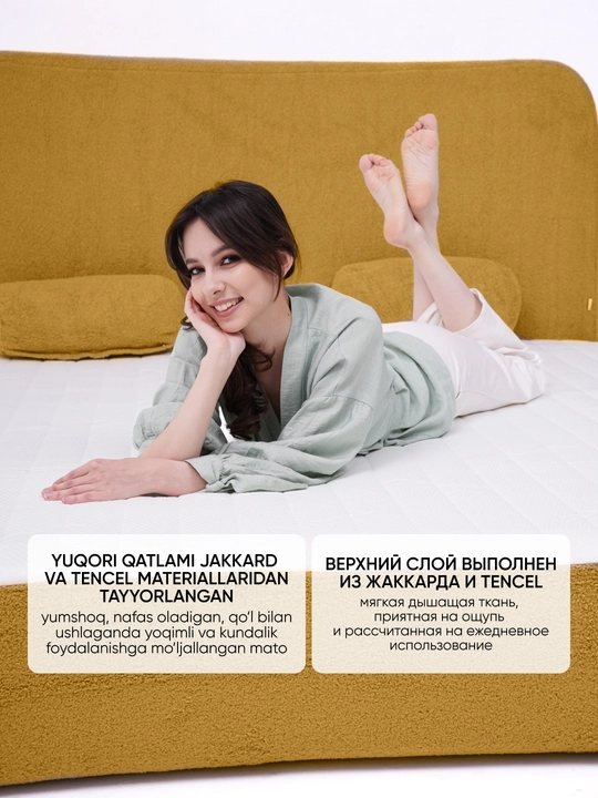 Karkassiz, ikki kishilik karavot, matras va yumshoq bosh qismi bilan, Sofa-bed