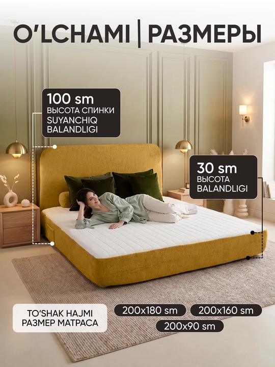 Karkassiz, ikki kishilik karavot, matras va yumshoq bosh qismi bilan, Sofa-bed