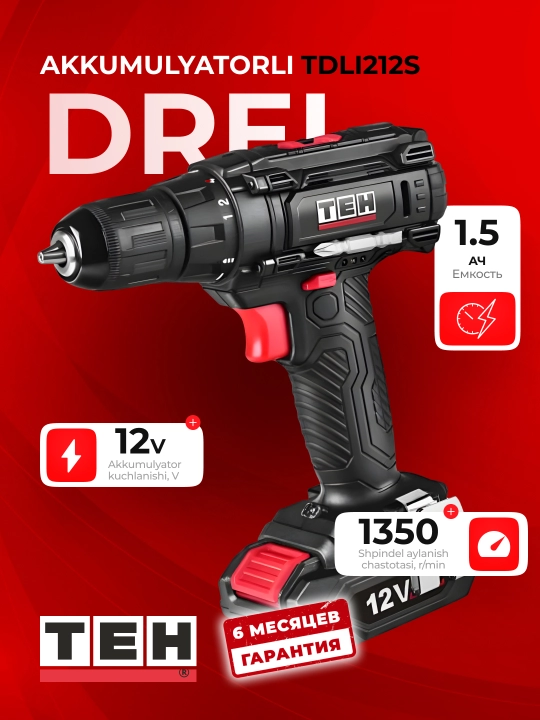 Akkumulyatorli shurup buragich TEH TDLI212S, ixcham, 12V - TEH, 1350 aylanish/min, 1.5 Ah