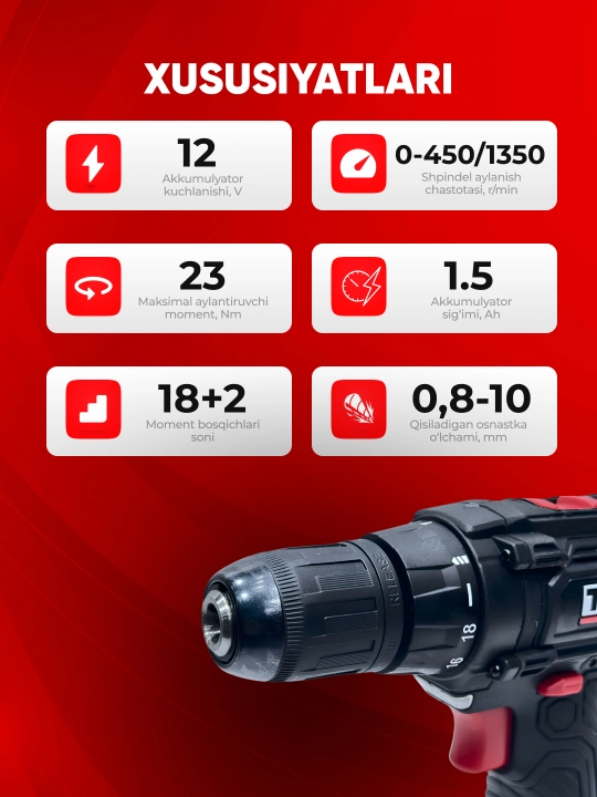 Akkumulyatorli shurup buragich TEH TDLI212S, ixcham, 12V - TEH, 1350 aylanish/min, 1.5 Ah