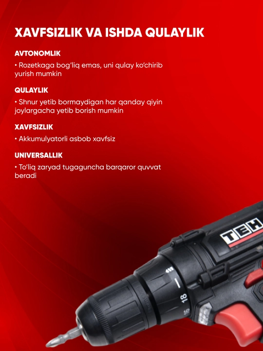 Akkumulyatorli shurup buragich TEH TDLI212S, ixcham, 12V - TEH, 1350 aylanish/min, 1.5 Ah