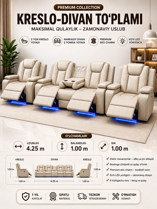 Premium Smart Relax Kreslo-Divan To‘plami - 