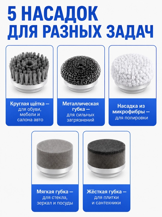 Электрощетка для уборки USB с 5 насадками, для кухни, ванной, плитки, обуви и авто
