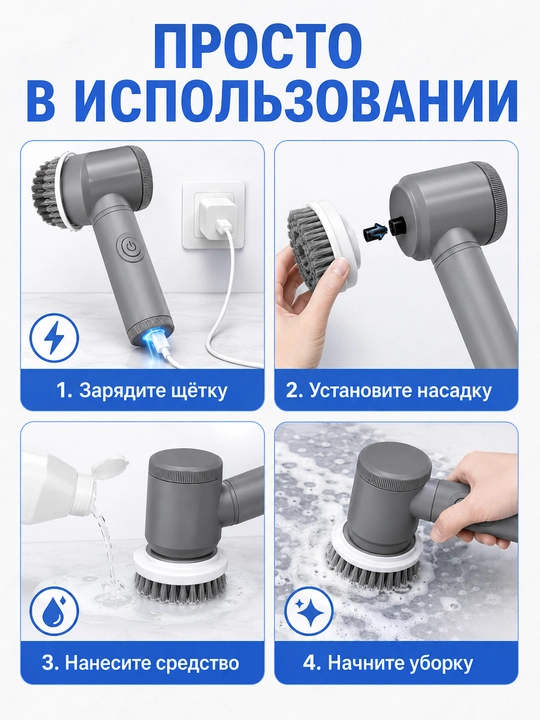 Электрощетка для уборки USB с 5 насадками, для кухни, ванной, плитки, обуви и авто