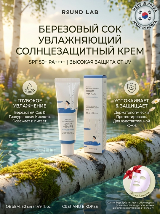 Quyoshdan himoyalovchi "Round Lab Birch Juice Moisturizing Sunscreen" kremi SPF50+ PA++++, 50 ml
