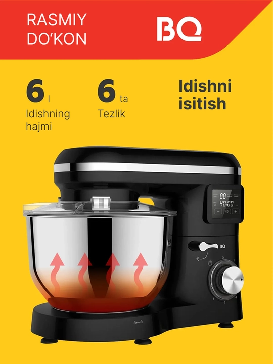 Planetar mikser BQ MX640, idish isitgichli, quvvati 1600Vt, 6 ta tezlig, 200 ayl/min gacha