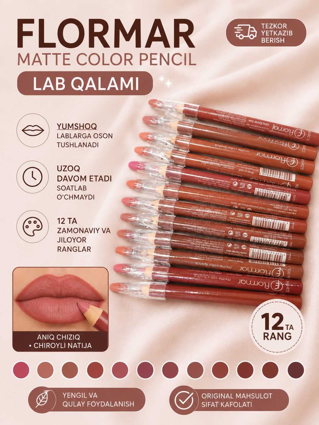 Lab uchun bo'yoq qalam, FLORMAR, suvga chidamli, o'tkirlagich bilan, matli, 12 xil rangda - 