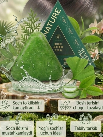 Soch o'stirish uchun yashil shampun-sovun, uchburchak sovun - 