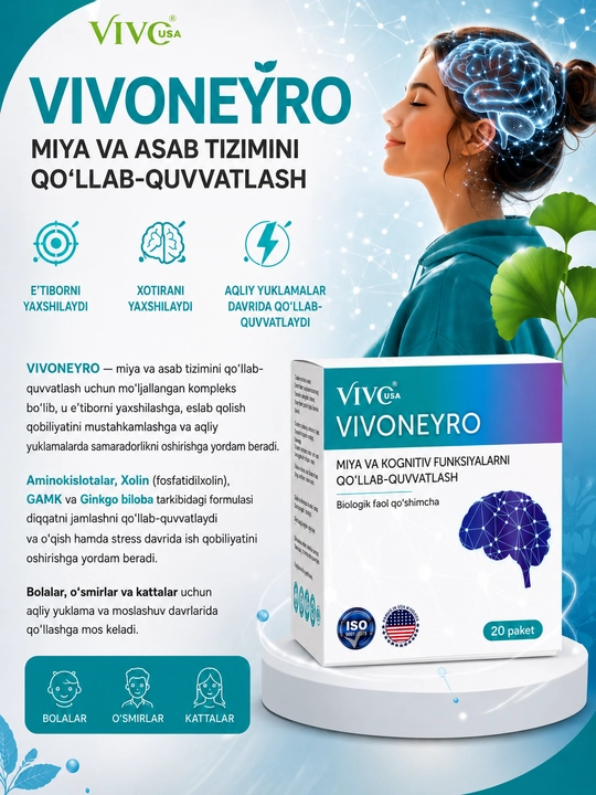 VIVO NEYRO — для памяти, концентрации, нервной системы | аминокислоты, гинкго билоба, ГАМК
